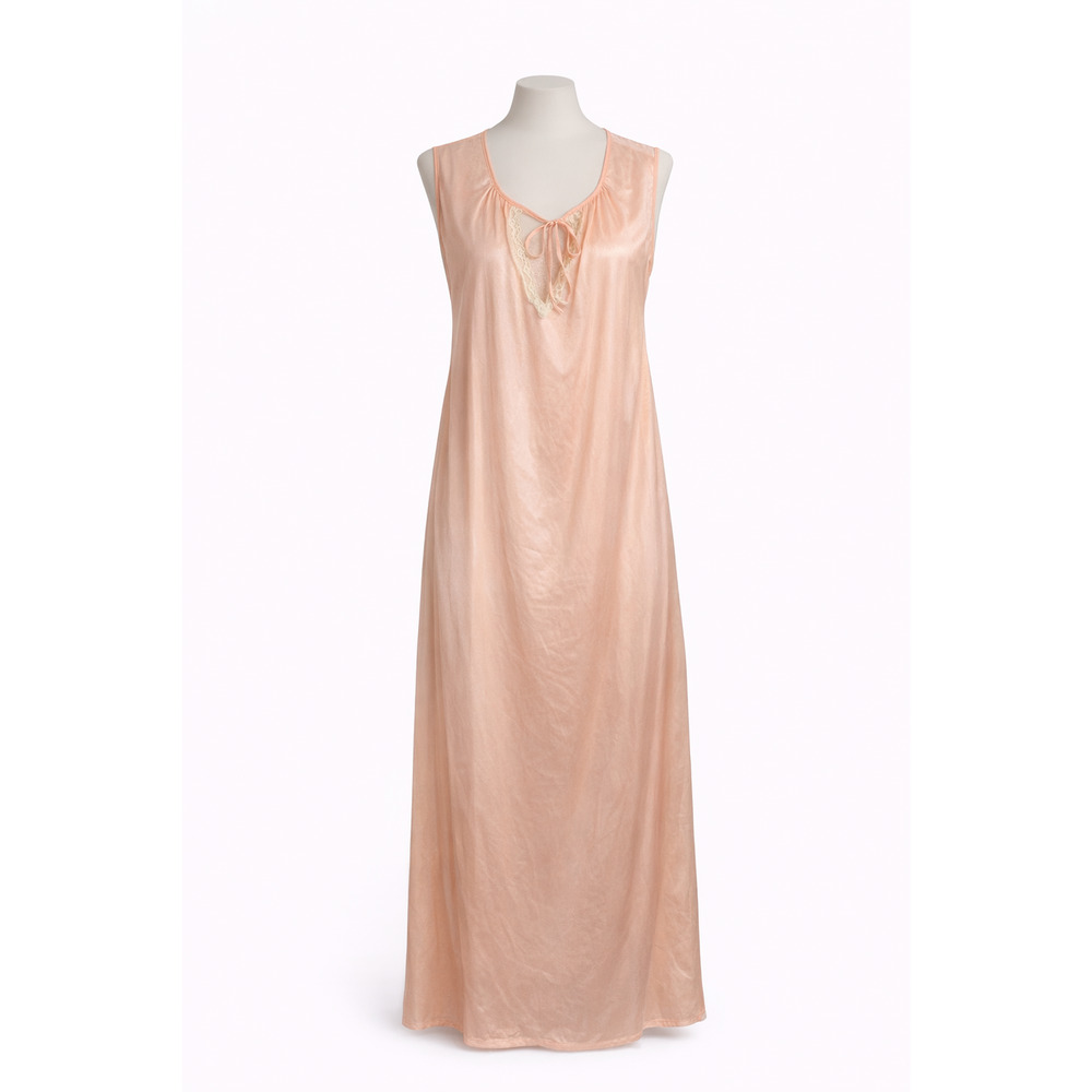 Vintage Sears 70s Peach Nylon Nightgown Feminine Dreamy Lace USA M
